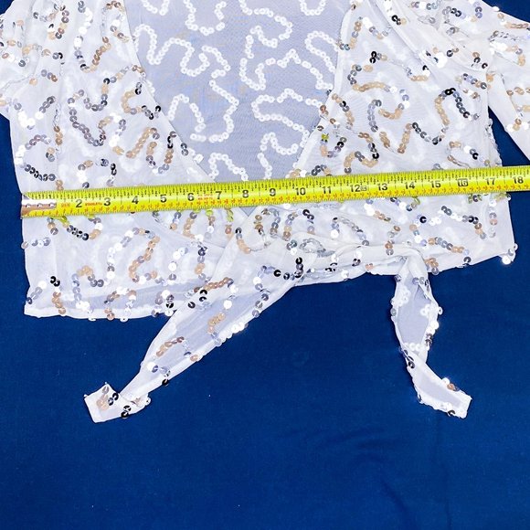 90s Y2k Women's Sequin Luxury Shrug Cejon Tie Front Mesh Crop Top - Picture 9 of 12